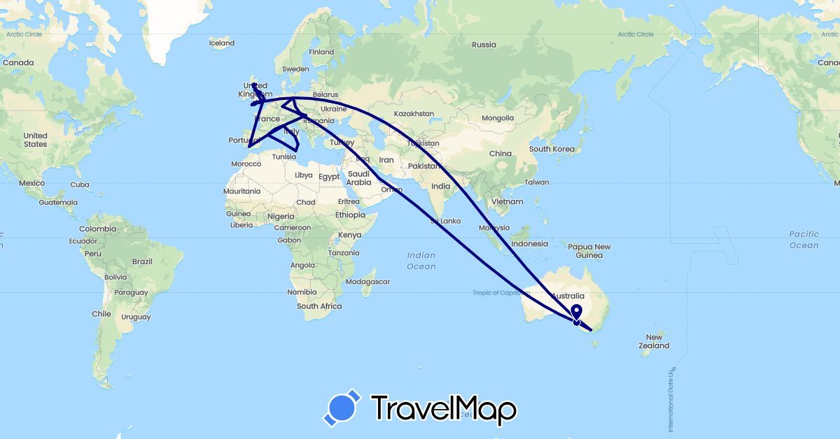 TravelMap itinerary: driving in Austria, Australia, Czech Republic, Germany, Spain, France, United Kingdom, Hungary, Italy, Malta, Qatar, Singapore (Asia, Europe, Oceania)